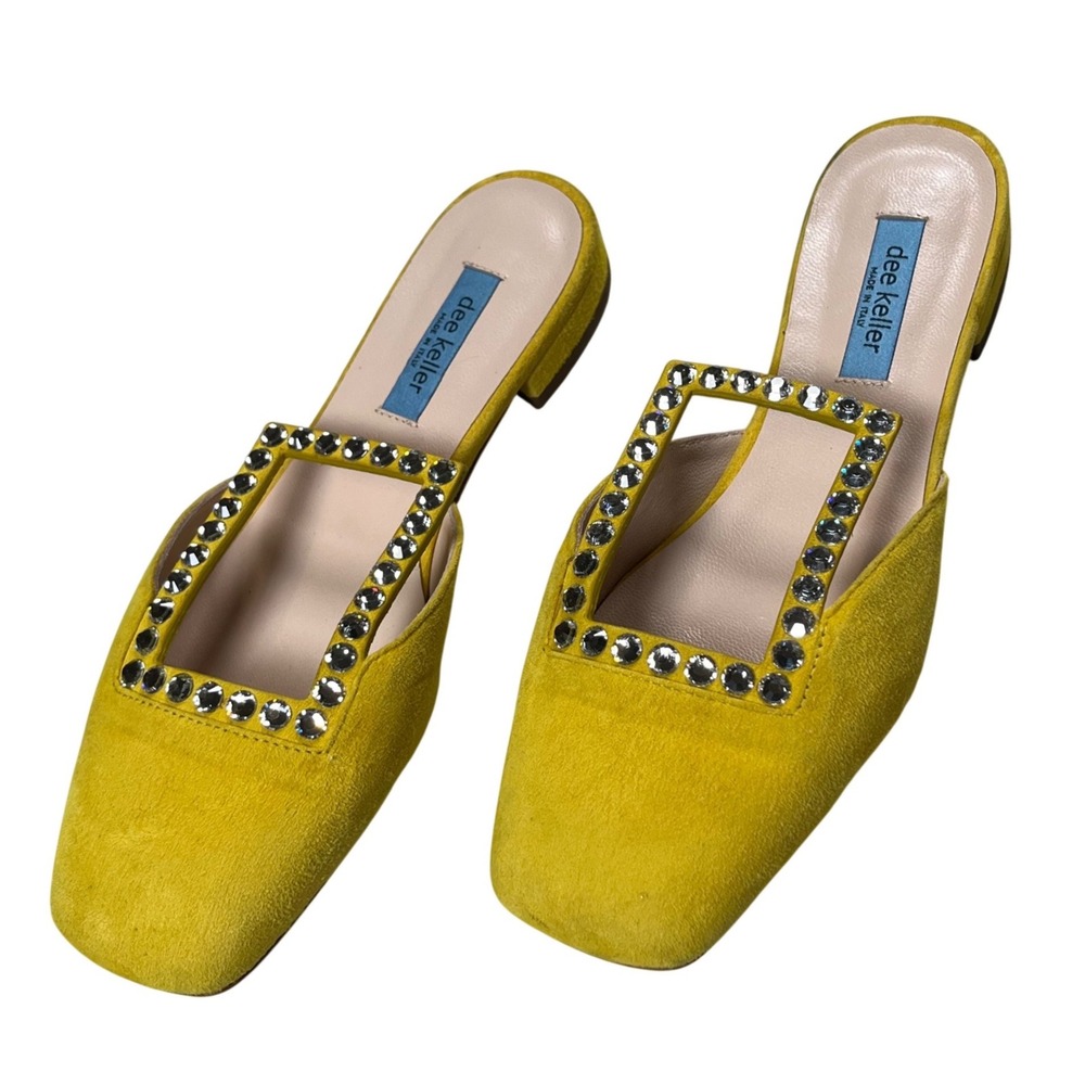 Dee Keller Suede Crystal Buckle Mules Womens 37 Yellow Square Toe Italy Luxury